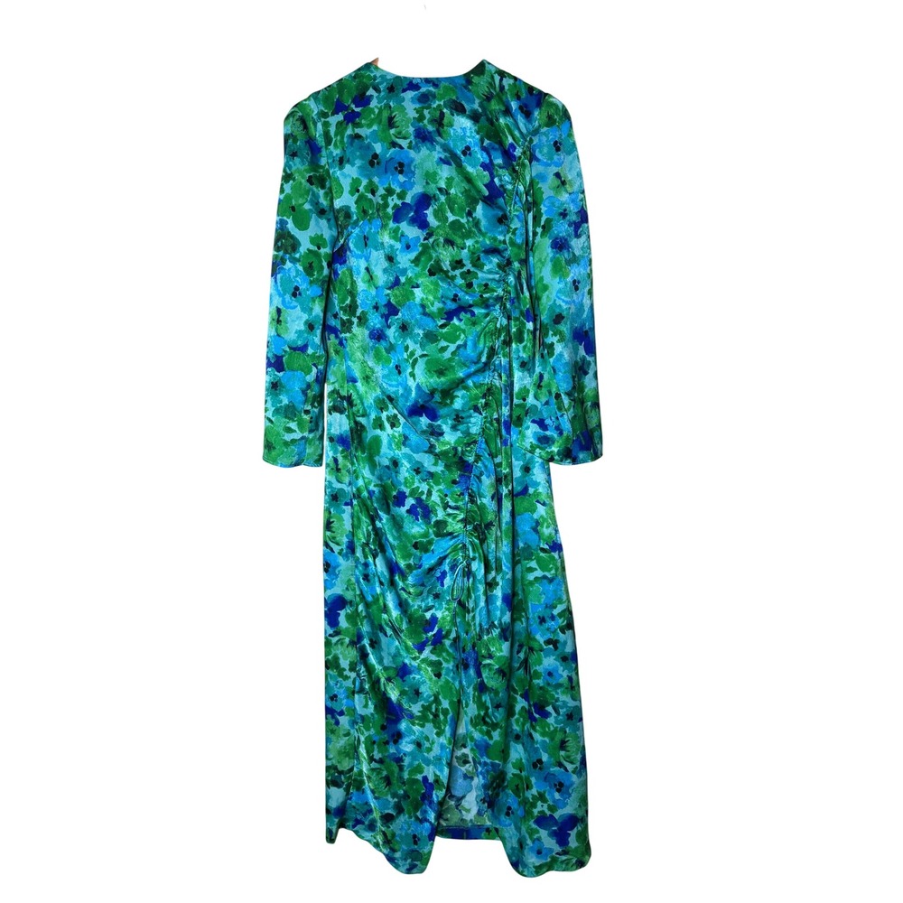Zara Womens Floral Ruched Midi Dress Blue Green Long Bell Sleeve Large L
